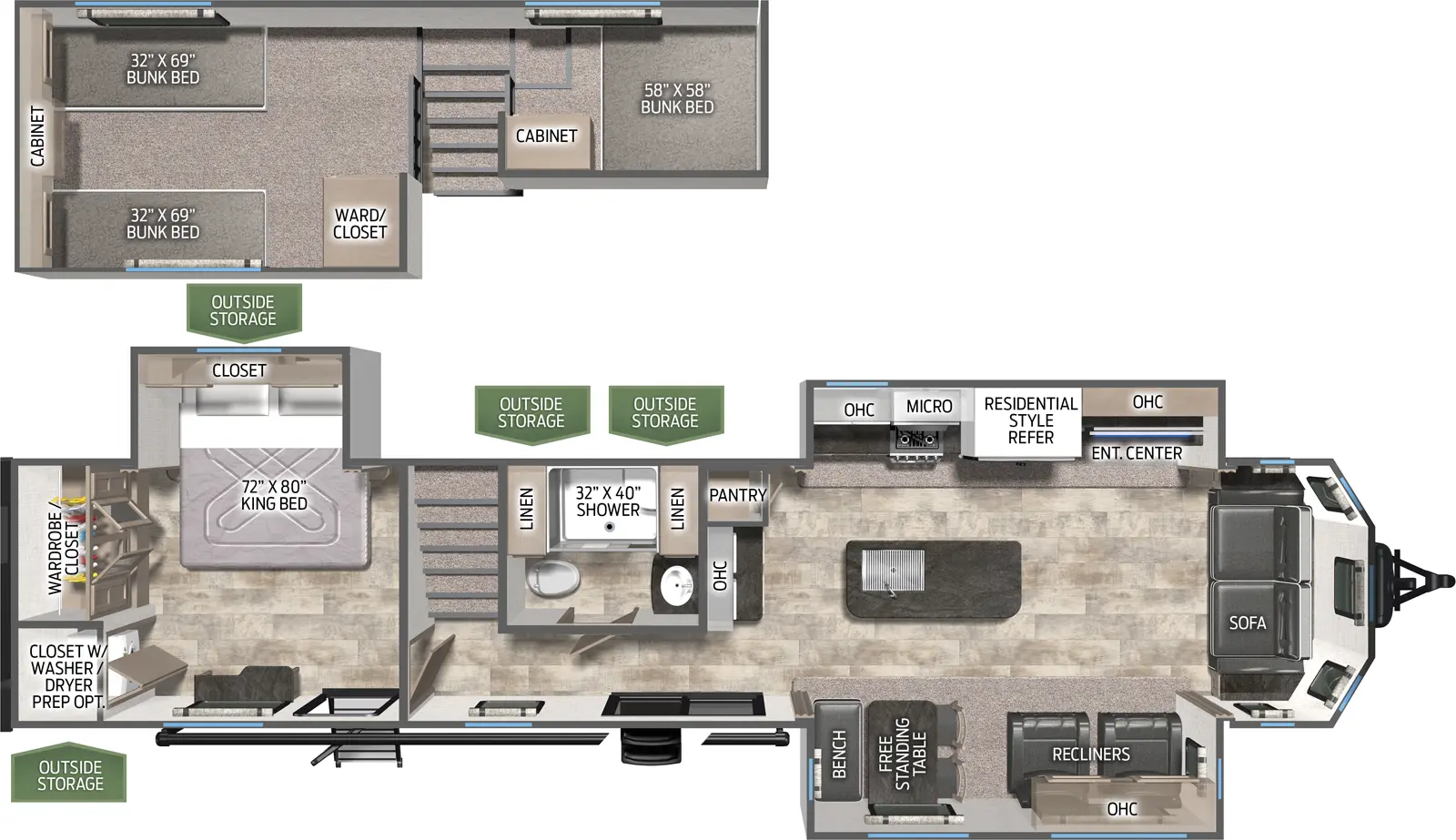 The 402LFT has three slideouts and two entries. Exterior features outside storage. Interior layout front to back: front sofa; off-door side slideout with entertainment center, overhead cabinet, residential style refrigerator, microwave, and cooktop; kitchen island with sink; door side slideout with recliners, overhead cabinet, and free-standing table with chairs and bench; pantry and kitchen counter along inner wall; off-door side full bathroom with linen closets; sliding door entry; stairs to loft area above rear bedroom and bathroom with three bunk mats, cabinets and wardrobe/closet; rear bedroom with off-door side king bed slideout with overhead cabinet, second entry, and rear wardrobe and closet with washer/dryer prep.